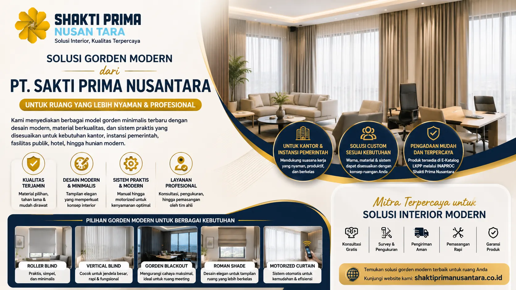 Banner solusi gorden modern dari PT. Sakti Prima Nusantara dengan ilustrasi ruang kantor modern, gorden minimalis warna netral, serta berbagai pilihan sistem gorden untuk mendukung kenyamanan dan estetika interior profesional.
