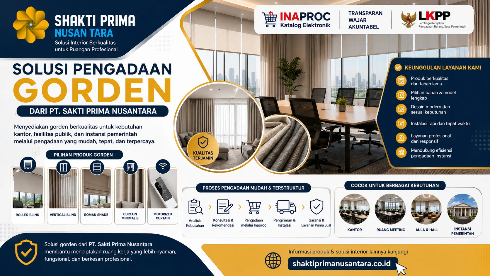 solusi pengadaan gorden dari PT. Sakti Prima Nusantara dengan ilustrasi ruang kantor modern, berbagai pilihan gorden berkualitas, dan layanan pengadaan yang mendukung kebutuhan interior kantor, fasilitas publik, serta instansi pemerintah.