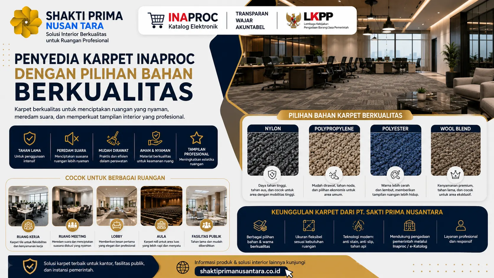 penyedia karpet Inaproc dengan pilihan bahan berkualitas yang menampilkan berbagai material karpet seperti nylon, polypropylene, polyester, dan wool blend untuk mendukung kenyamanan, daya tahan, dan tampilan interior profesional.