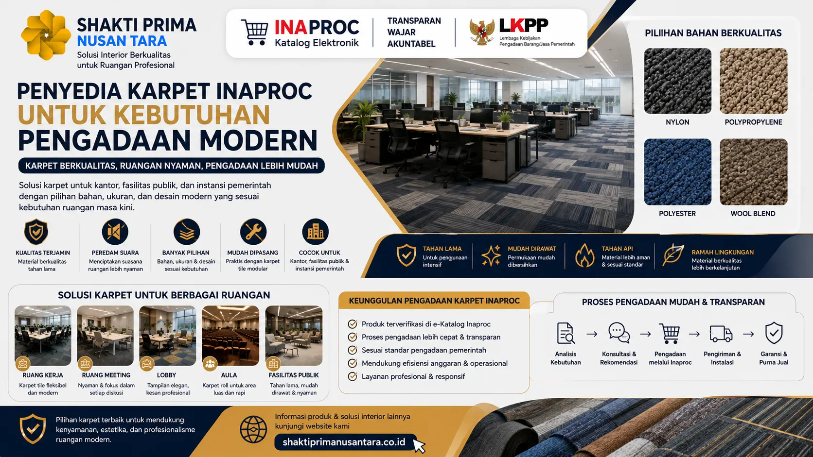 penyedia karpet Inaproc untuk kebutuhan pengadaan modern yang menampilkan interior kantor kontemporer dengan berbagai pilihan karpet berkualitas, material premium, serta solusi pengadaan yang mendukung kenyamanan dan profesionalisme ruang kerja.