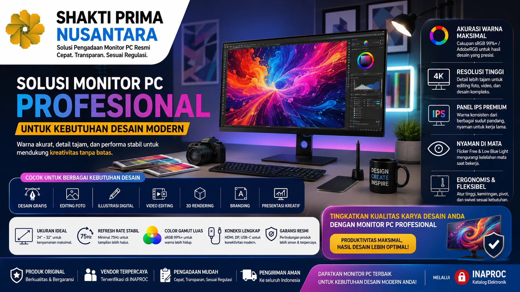 Banner profesional tentang solusi monitor PC untuk kebutuhan desain modern yang menampilkan monitor beresolusi tinggi dengan tampilan desain kreatif, fitur akurasi warna, panel IPS, resolusi 4K, serta logo Shakti Prima Nusantara sebagai penyedia solusi perangkat IT dan monitor profesional.