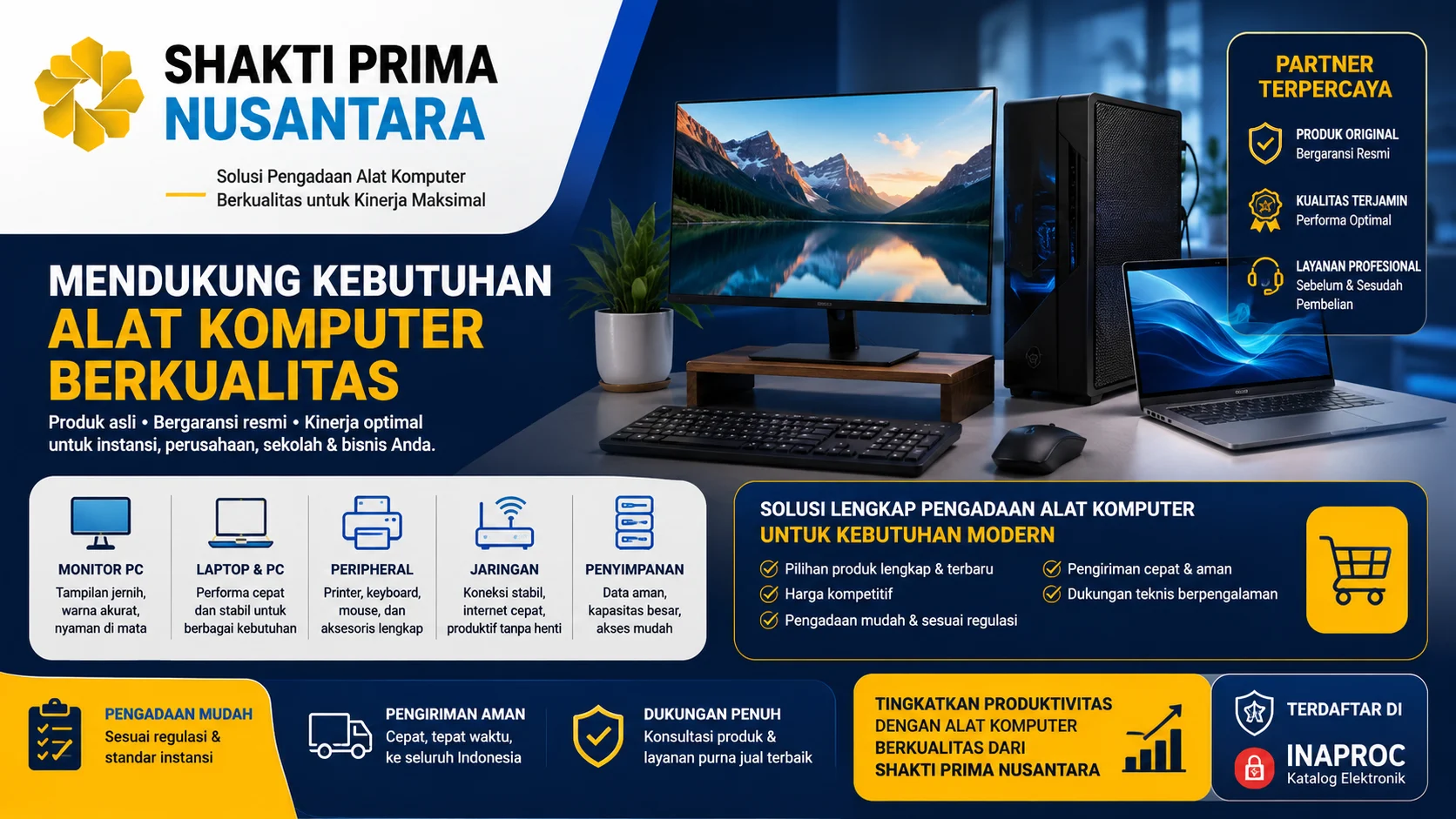 Banner profesional Shakti Prima Nusantara yang menampilkan berbagai perangkat komputer berkualitas seperti monitor, PC, laptop, dan periferal, dengan fokus pada solusi pengadaan alat komputer untuk instansi, perusahaan, sekolah, dan kebutuhan bisnis modern.