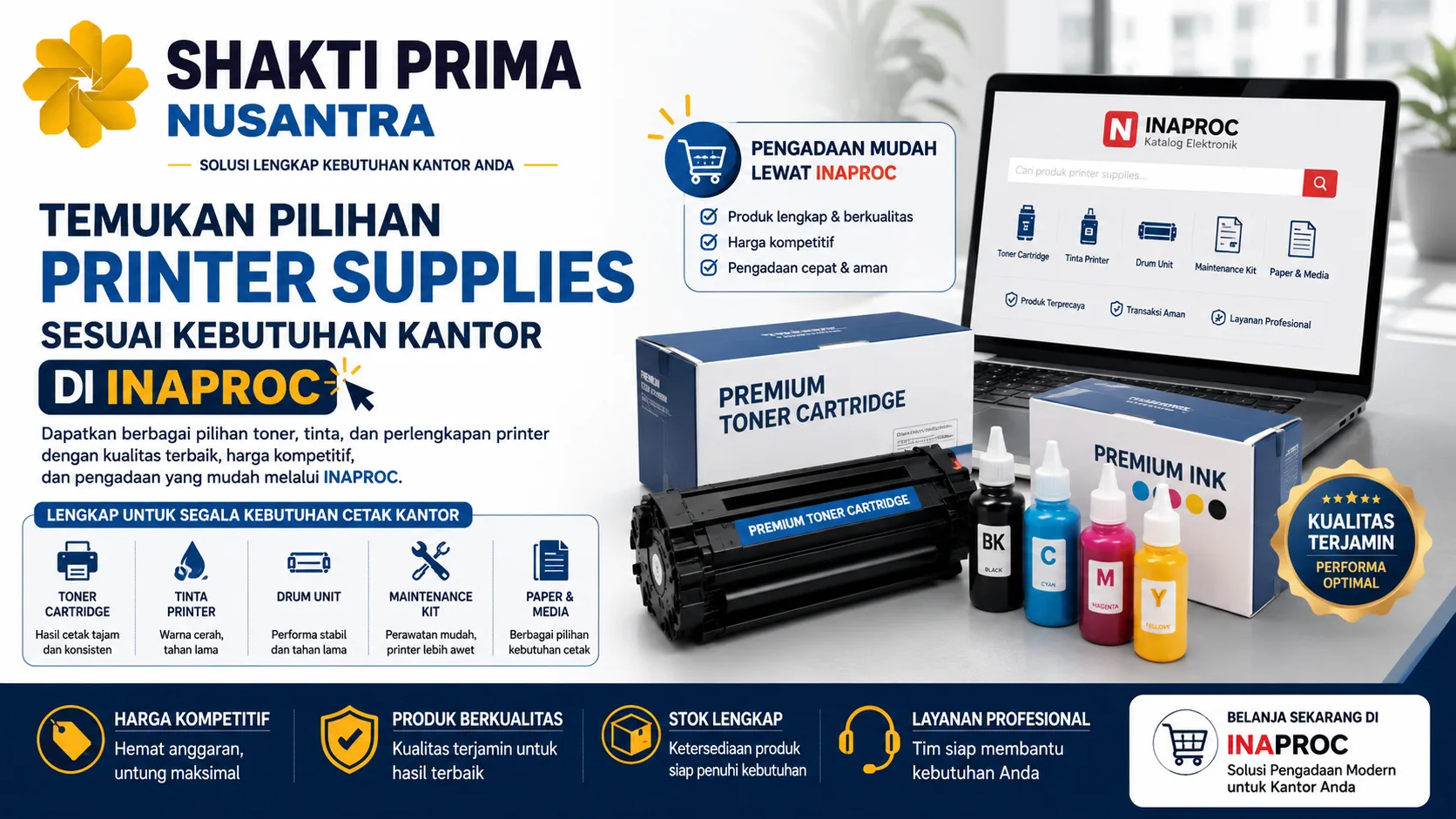 Banner pengadaan printer supplies melalui INAPROC yang menampilkan berbagai pilihan toner, tinta, dan perlengkapan printer untuk memenuhi kebutuhan operasional kantor.