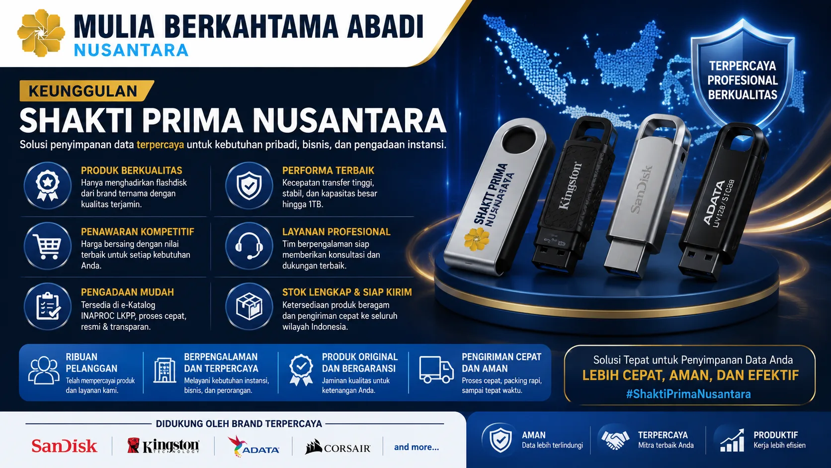 Banner bertema keunggulan Shakti Prima Nusantara yang menampilkan berbagai pilihan flashdisk berkualitas, ikon layanan profesional, pengadaan melalui e-Katalog INAPROC, serta logo Mulia Berkahtama Abadi dalam desain modern yang menonjolkan kepercayaan dan kualitas produk.