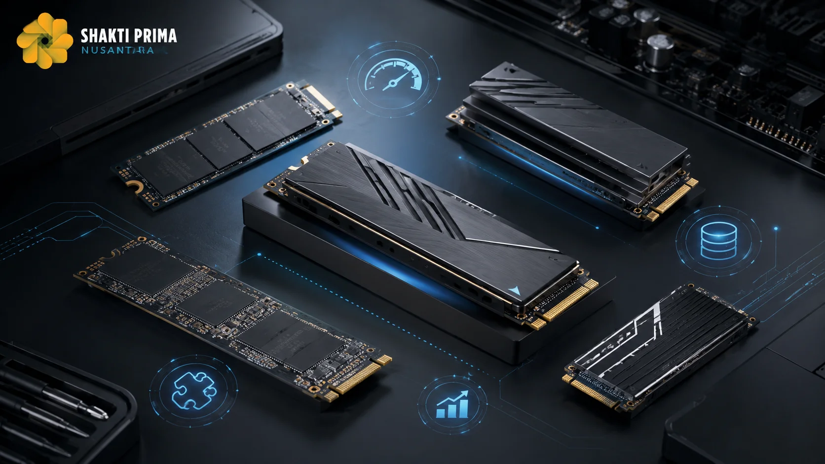 Beragam tipe SSD NVMe dengan logo Shakti Prima Nusantara pada tampilan teknologi modern.