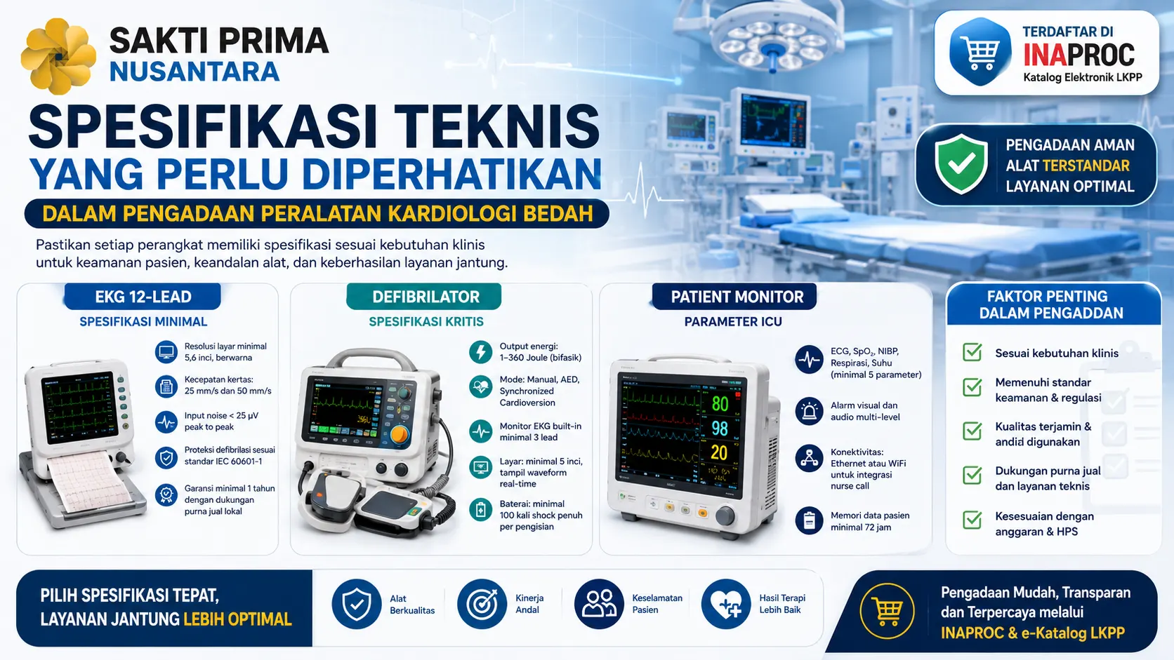 spesifikasi teknis pengadaan peralatan kardiologi bedah yang menampilkan parameter penting untuk EKG 12-lead, defibrilator, dan patient monitor, lengkap dengan standar teknis yang mendukung pengadaan alat kesehatan melalui Inaproc dan e-Katalog LKPP.