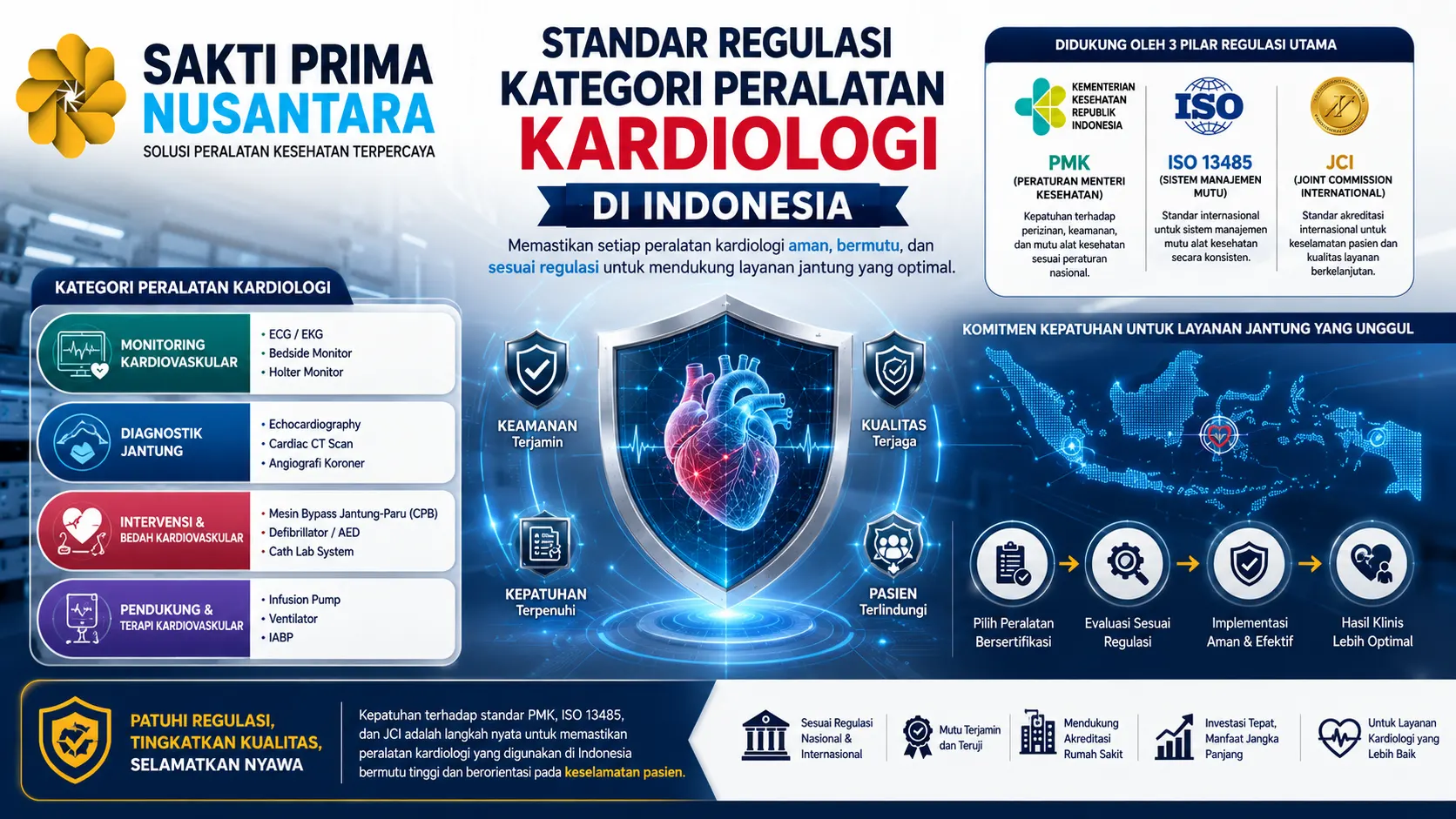 Banner tentang standar regulasi kategori peralatan kardiologi di Indonesia yang menampilkan kepatuhan terhadap PMK, ISO 13485, dan JCI untuk memastikan keamanan, mutu alat kesehatan, serta keselamatan pasien dalam layanan kardiovaskular.