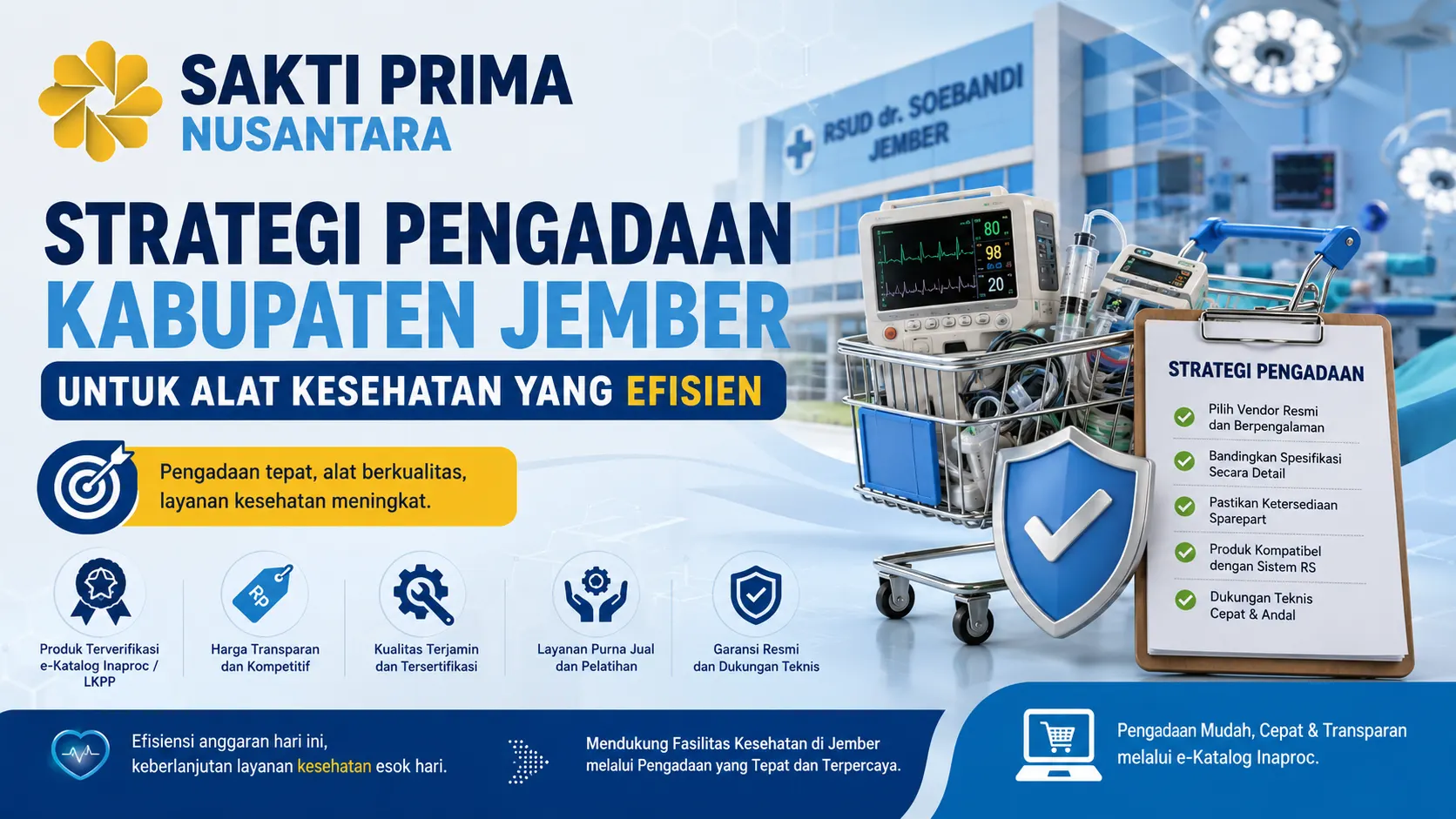 Banner strategi pengadaan alat kesehatan di Kabupaten Jember yang menampilkan keranjang berisi peralatan medis, daftar strategi pengadaan efisien, latar rumah sakit, serta logo Sakti Prima Nusantara sebagai penyedia solusi kesehatan terpercaya.