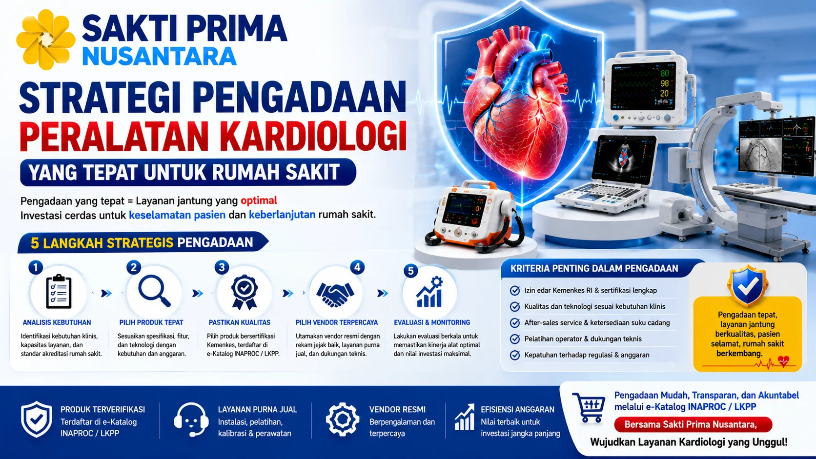 Banner strategi pengadaan peralatan kardiologi untuk rumah sakit yang menampilkan tahapan pengadaan, berbagai perangkat kardiologi, ilustrasi jantung, serta logo Sakti Prima Nusantara sebagai penyedia solusi alat kesehatan terpercaya.