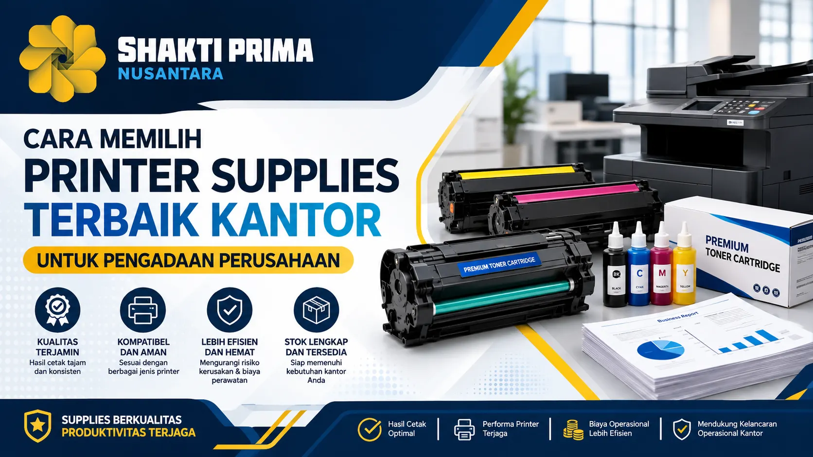 Banner bertema pengadaan perusahaan yang menampilkan printer kantor, toner cartridge, tinta printer, dan perlengkapan cetak berkualitas untuk mendukung pemilihan printer supplies terbaik kantor secara efisien dan profesional.