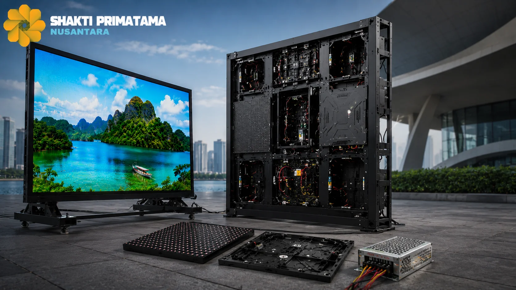 Videotron outdoor beserta panel LED dan komponen pendukung yang ditampilkan untuk membantu membandingkan spesifikasi sebelum proses pengadaan.