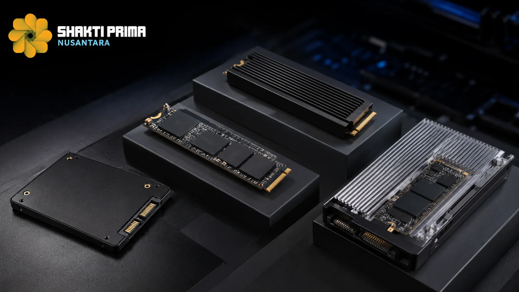 Tampilan beberapa SSD SATA, NVMe, dan SSD berperforma tinggi dengan kapasitas berbeda yang disusun secara profesional, merepresentasikan variasi harga SSD internal berdasarkan jenis dan kapasitas penyimpanan.