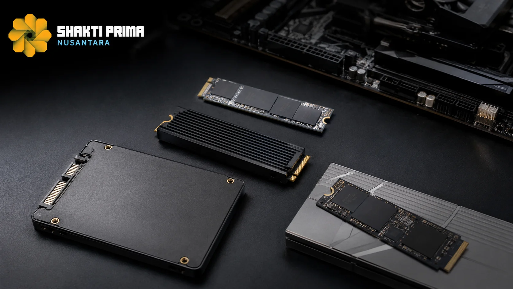 Close-up SSD SATA dan NVMe internal beresolusi tinggi dengan motherboard modern sebagai latar, menggambarkan pertimbangan penting dalam memilih SSD berdasarkan performa dan teknologi.