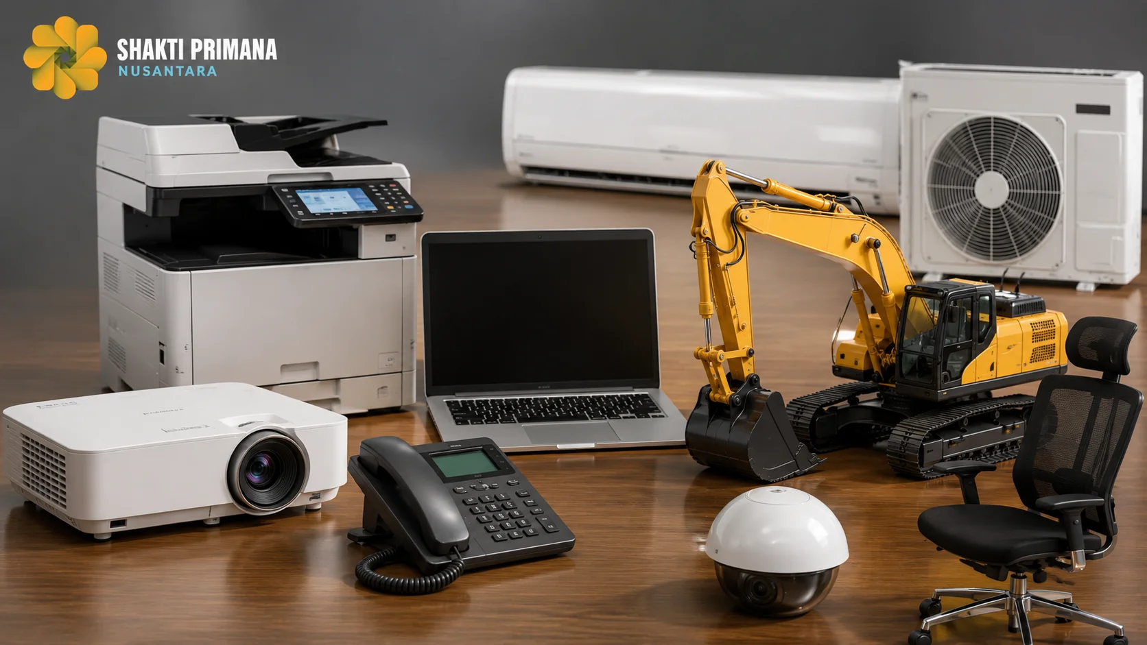 Beragam produk pengadaan seperti printer, laptop, proyektor, AC, alat berat, kamera CCTV, telepon, dan kursi kantor sebagai ilustrasi kebutuhan pengadaan pemerintah.