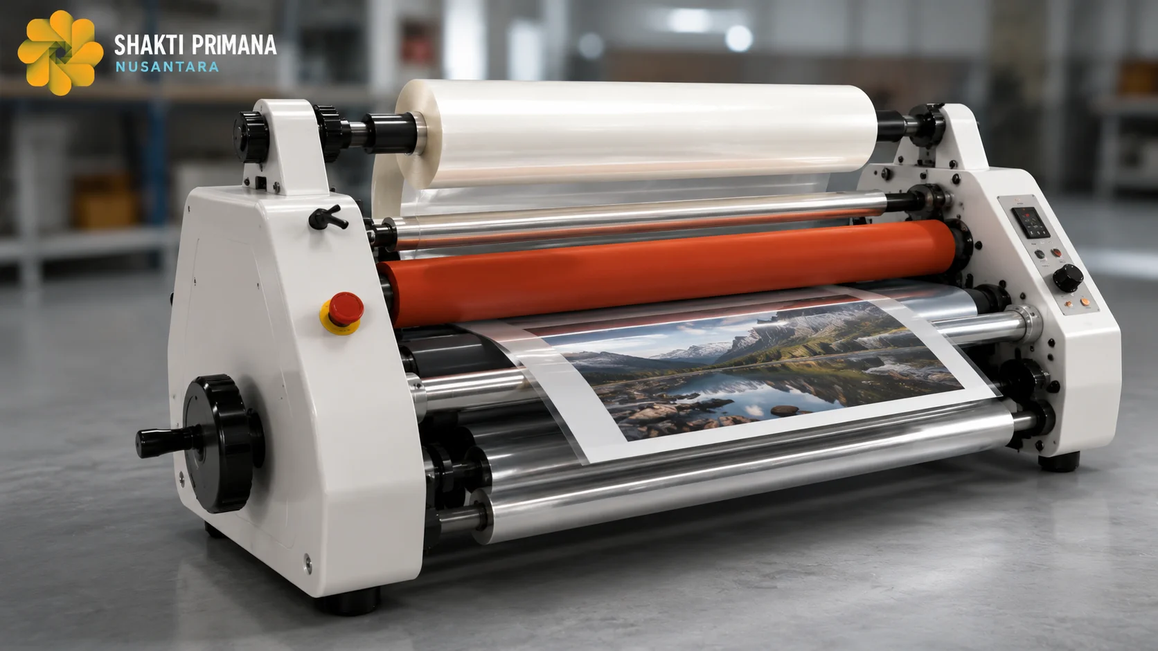 Mesin laminating industri dengan desain modern yang menampilkan detail roller dan sistem kerja presisi untuk mendukung hasil laminasi berkualitas.