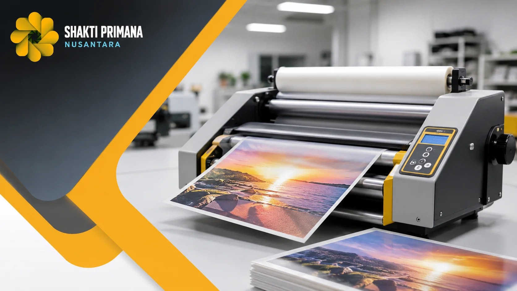 Mesin laminating profesional dengan tampilan modern sebagai ilustrasi pembahasan tabel prakiraan harga mesin laminating untuk kebutuhan industri dan percetakan.