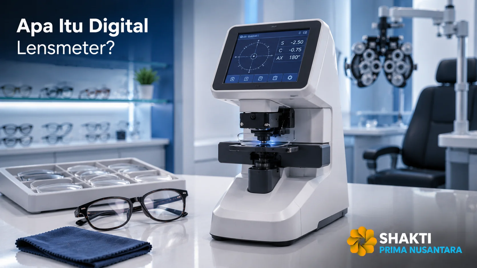 Digital lensmeter modern di ruang pemeriksaan optik sebagai alat untuk mengukur parameter lensa kacamata secara akurat.