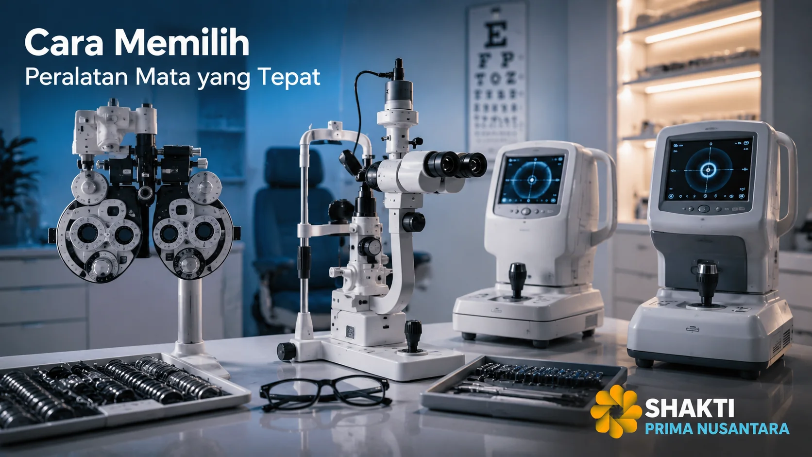 Berbagai peralatan pemeriksaan mata modern tersusun di ruang klinik sebagai ilustrasi cara memilih peralatan mata yang tepat.