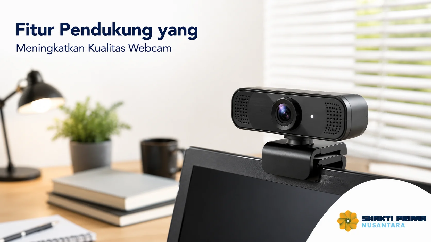 Webcam modern dengan fitur pendukung canggih untuk menghasilkan kualitas video dan audio yang optimal pada konferensi daring.