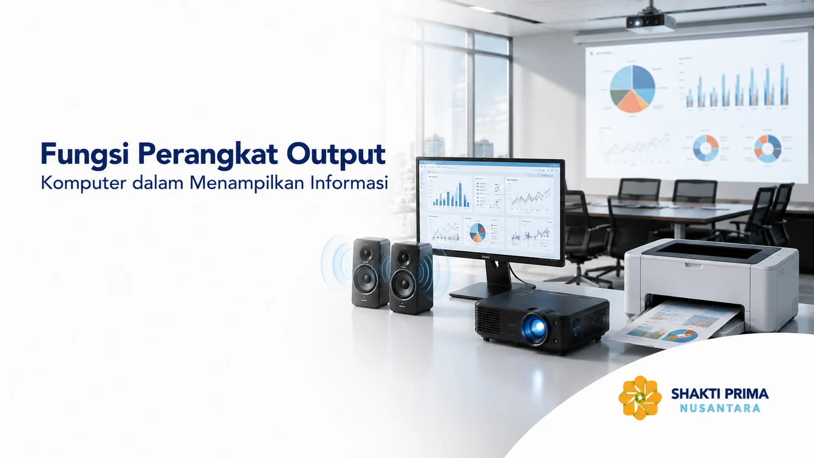 Monitor, printer, speaker, dan proyektor menampilkan hasil pemrosesan data komputer dalam lingkungan kerja modern.