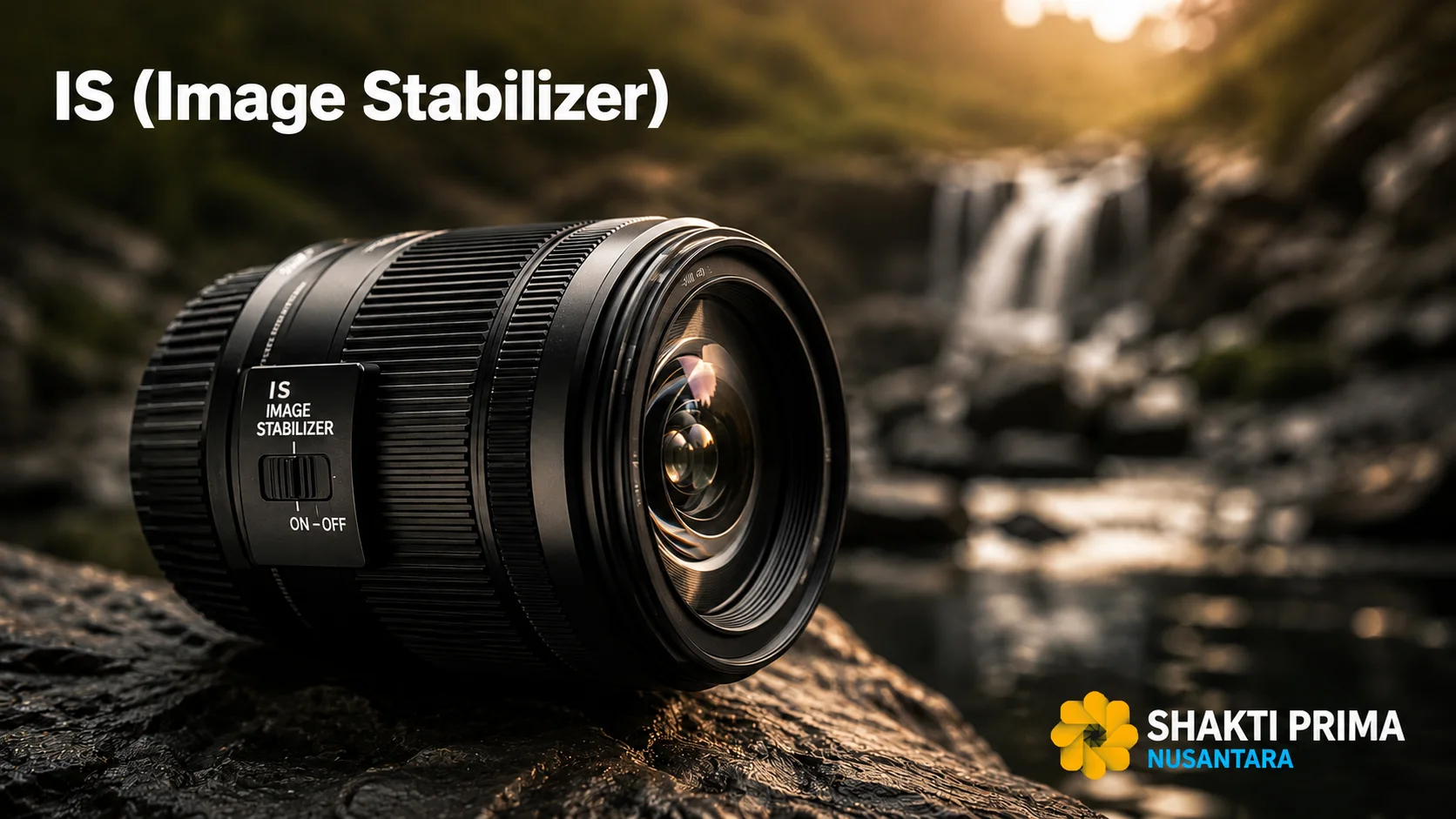 Lensa kamera dengan fitur Image Stabilizer (IS) yang membantu mengurangi getaran dan menghasilkan foto lebih tajam saat pemotretan tanpa tripod.