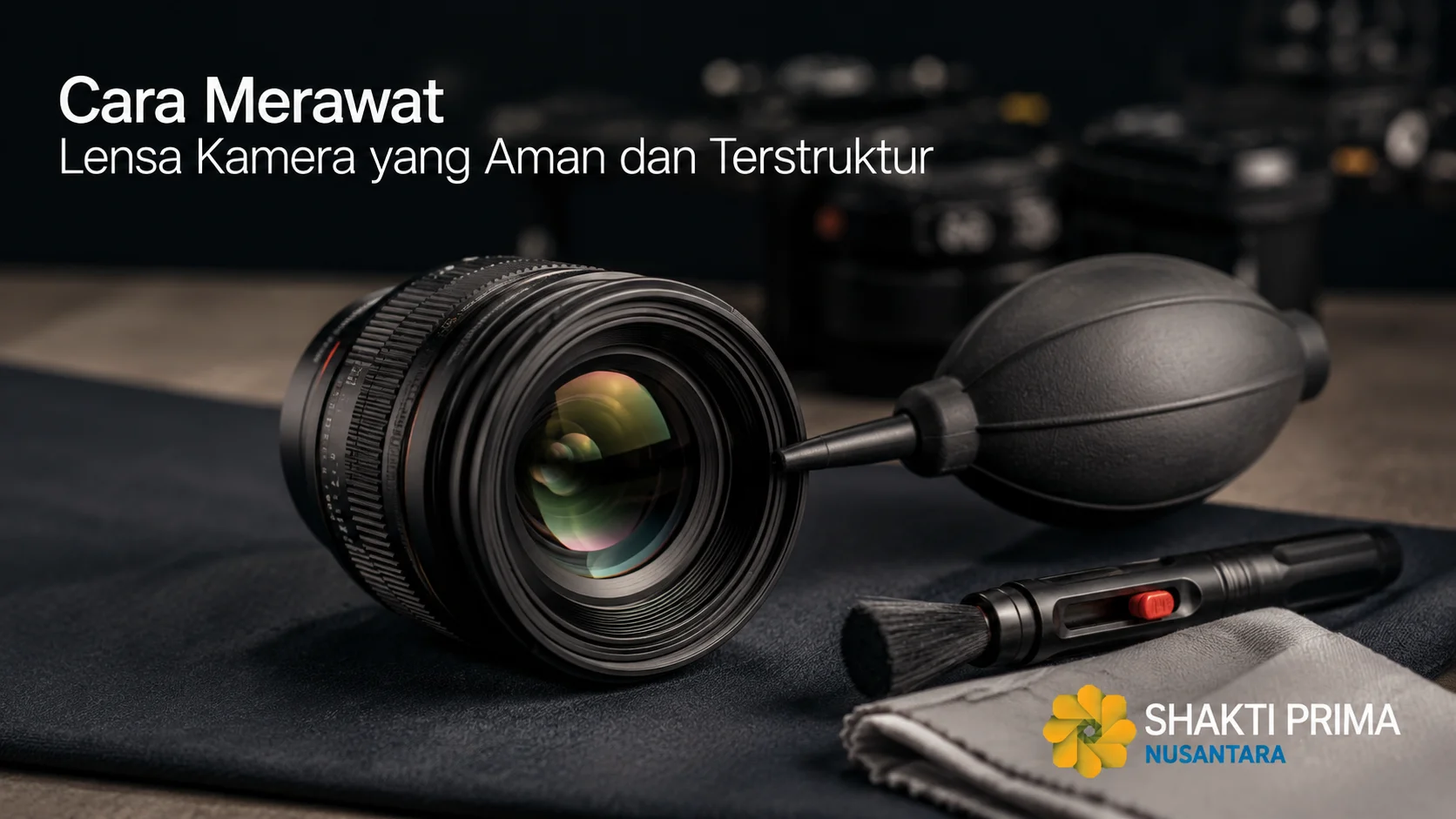 Lensa kamera sedang dibersihkan menggunakan lens blower dan perlengkapan pembersih untuk menjaga kejernihan optik serta performa lensa tetap optimal.
