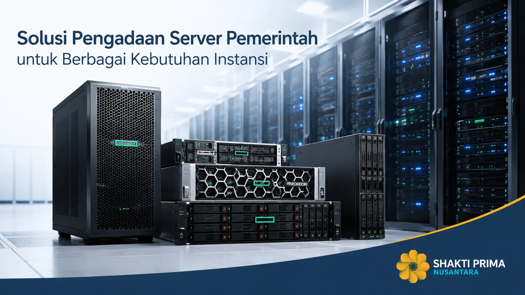 Beragam server enterprise di ruang data center modern sebagai solusi pengadaan server pemerintah untuk berbagai kebutuhan instansi, dilengkapi logo Shakti Prima Nusantara.