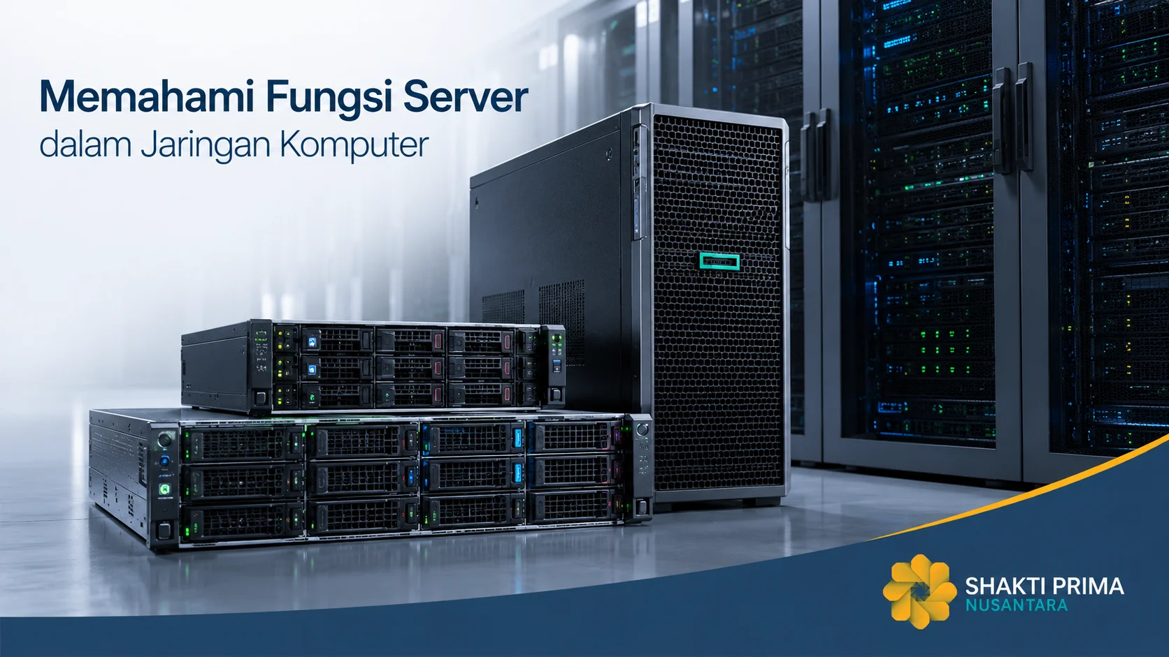 Server enterprise di ruang data center modern sebagai ilustrasi fungsi server dalam jaringan komputer, dilengkapi logo Shakti Prima Nusantara.
