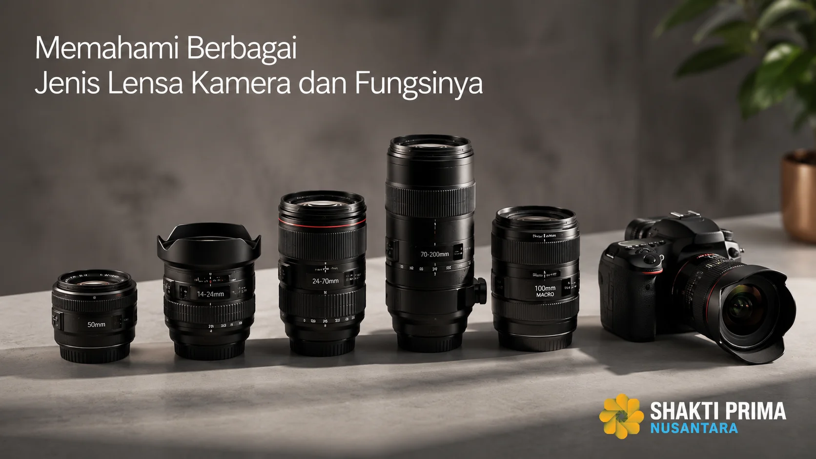 Berbagai jenis lensa kamera seperti lensa standar, wide-angle, telephoto, dan makro untuk mendukung berbagai kebutuhan fotografi.