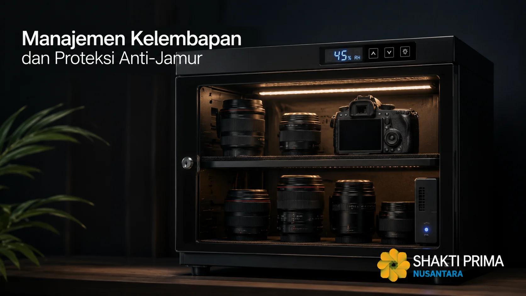 Lensa kamera dan bodi kamera tersimpan di dalam dry cabinet dengan kelembapan terkontrol untuk mencegah pertumbuhan jamur dan menjaga kualitas optik.