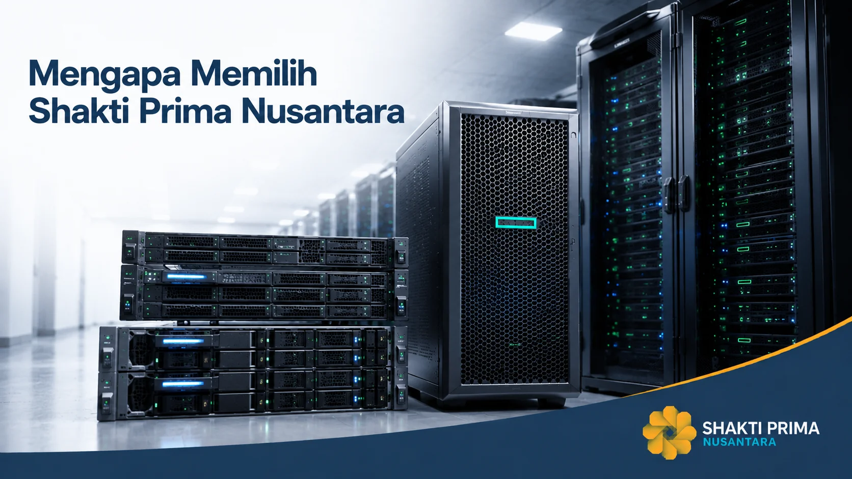 Server enterprise di ruang data center modern sebagai ilustrasi solusi pengadaan server dari Shakti Prima Nusantara, dilengkapi logo perusahaan.