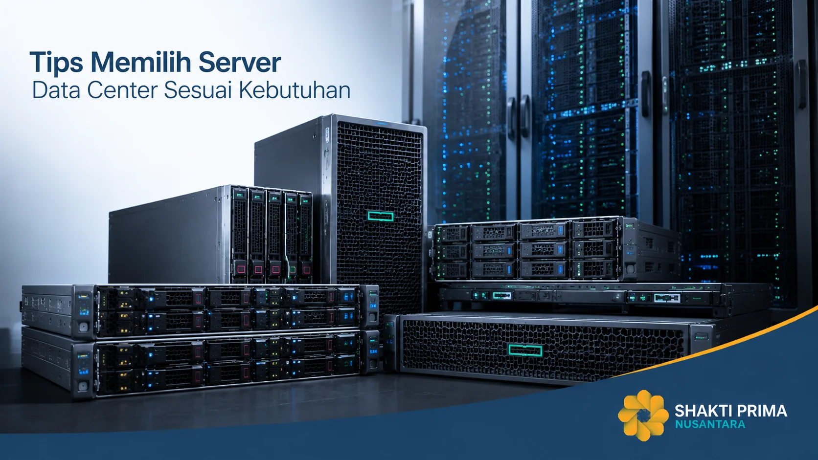 Server enterprise di ruang data center modern sebagai ilustrasi tips memilih server data center sesuai kebutuhan, dilengkapi logo Shakti Prima Nusantara.
