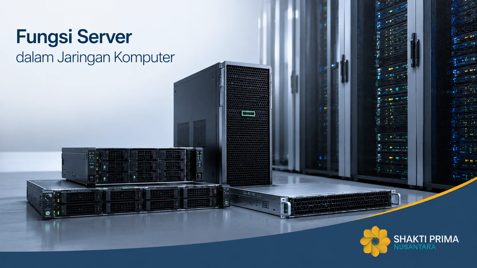 Server enterprise di ruang data center modern sebagai ilustrasi fungsi server dalam jaringan komputer, dilengkapi logo Shakti Prima Nusantara.