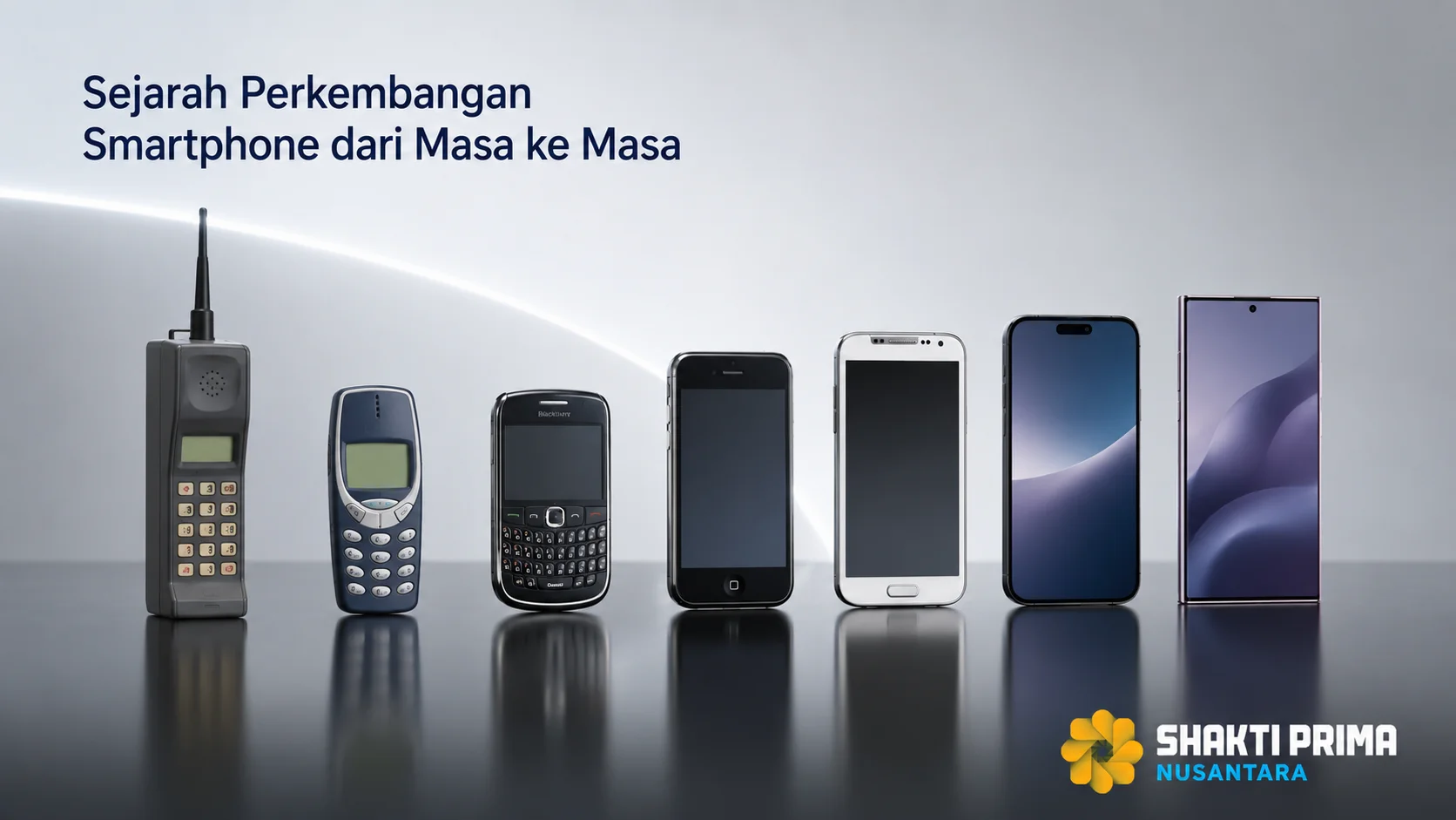Ilustrasi sejarah perkembangan smartphone dari ponsel konvensional hingga smartphone modern di era digital.