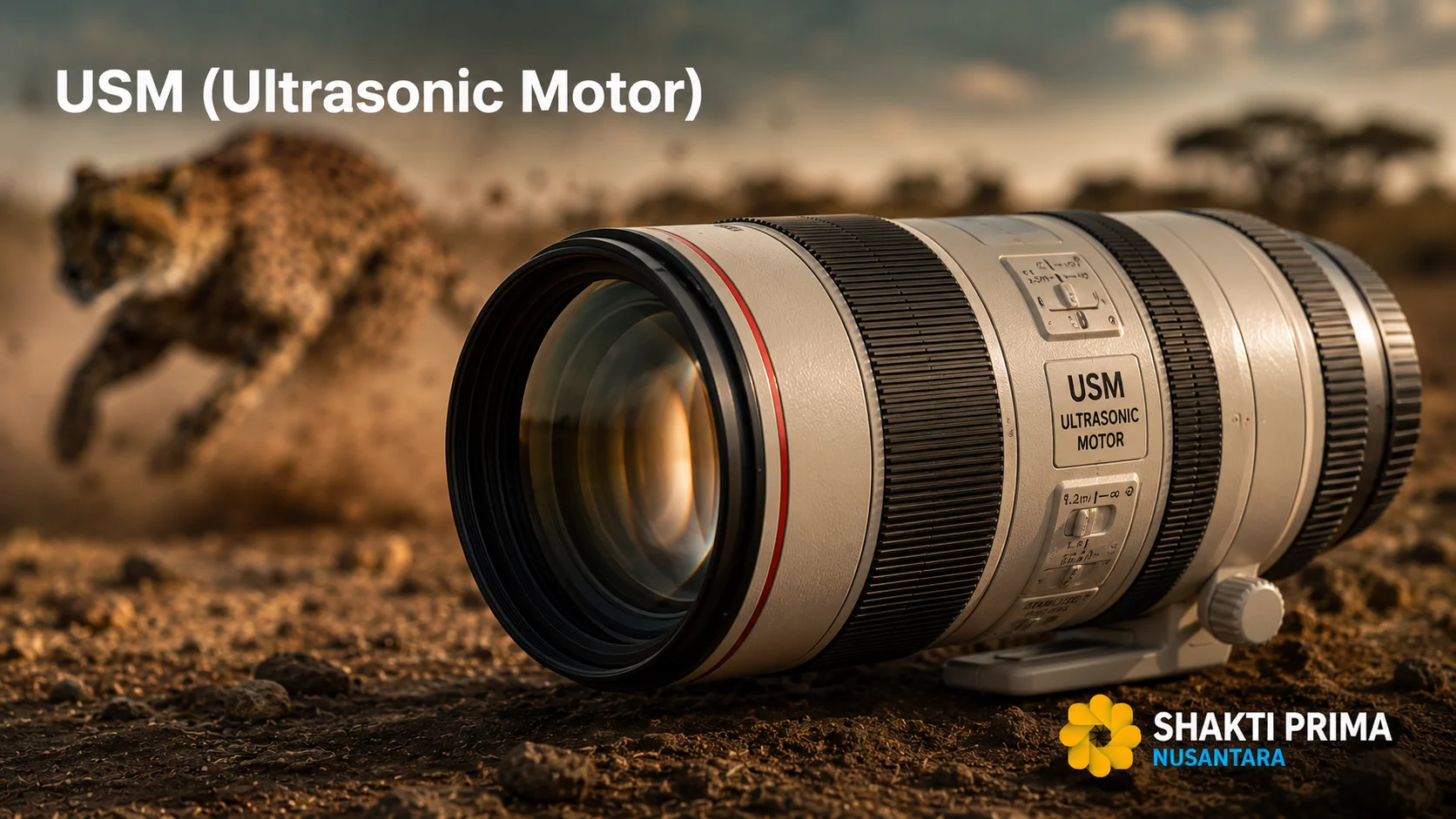 Lensa kamera dengan teknologi Ultrasonic Motor (USM) yang menghadirkan autofocus cepat, presisi, dan responsif untuk fotografi aksi dan satwa liar.