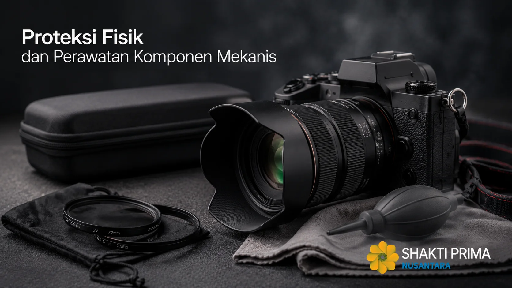 Lensa kamera dengan UV filter, lens hood, dan perlengkapan perawatan yang membantu melindungi komponen optik serta mekanis dari debu, benturan, dan kerusakan.