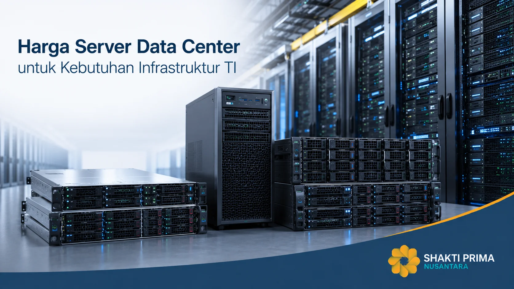 Server enterprise di ruang data center modern sebagai ilustrasi harga server data center untuk kebutuhan infrastruktur TI, dilengkapi logo Shakti Prima Nusantara.