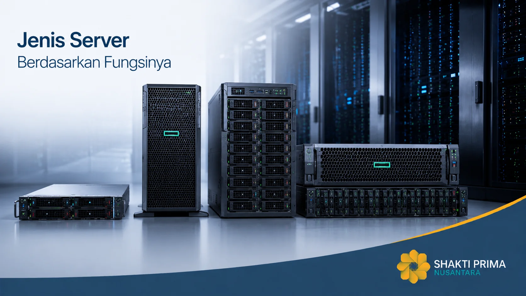 Berbagai jenis server enterprise di ruang data center modern sebagai ilustrasi jenis server berdasarkan fungsinya, dilengkapi logo Shakti Prima Nusantara.