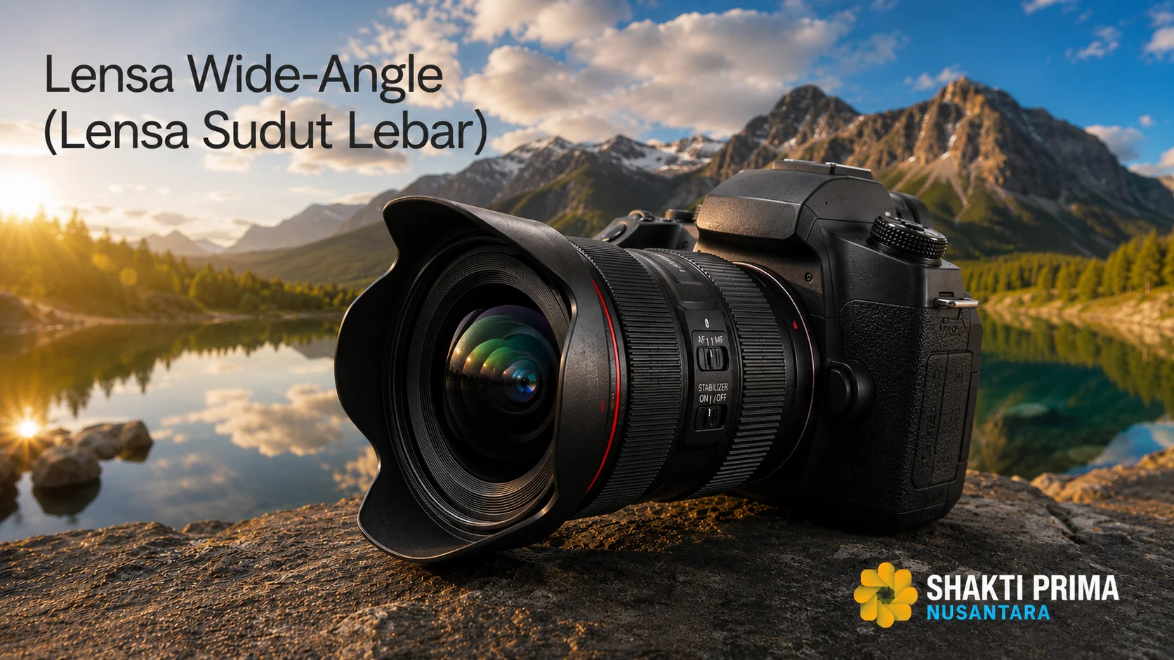 Lensa wide-angle (lensa sudut lebar) pada kamera untuk menghasilkan sudut pandang luas dalam fotografi lanskap, arsitektur, dan interior.