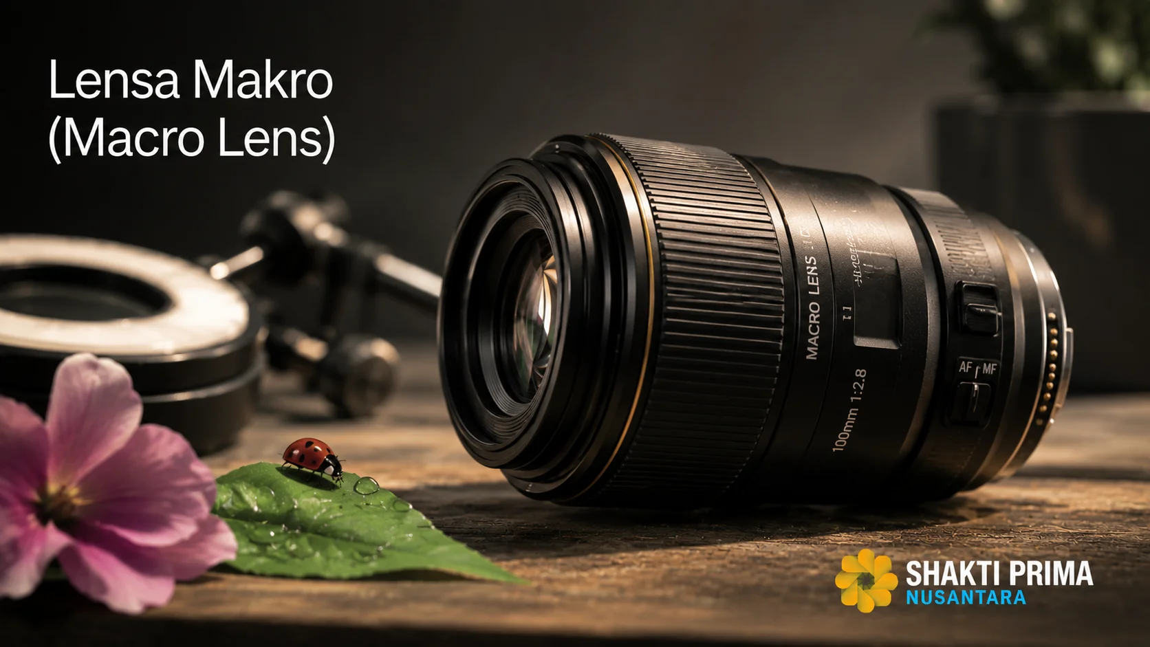 Lensa makro (macro lens) untuk memotret objek berukuran kecil dengan detail tinggi dan ketajaman maksimal.
