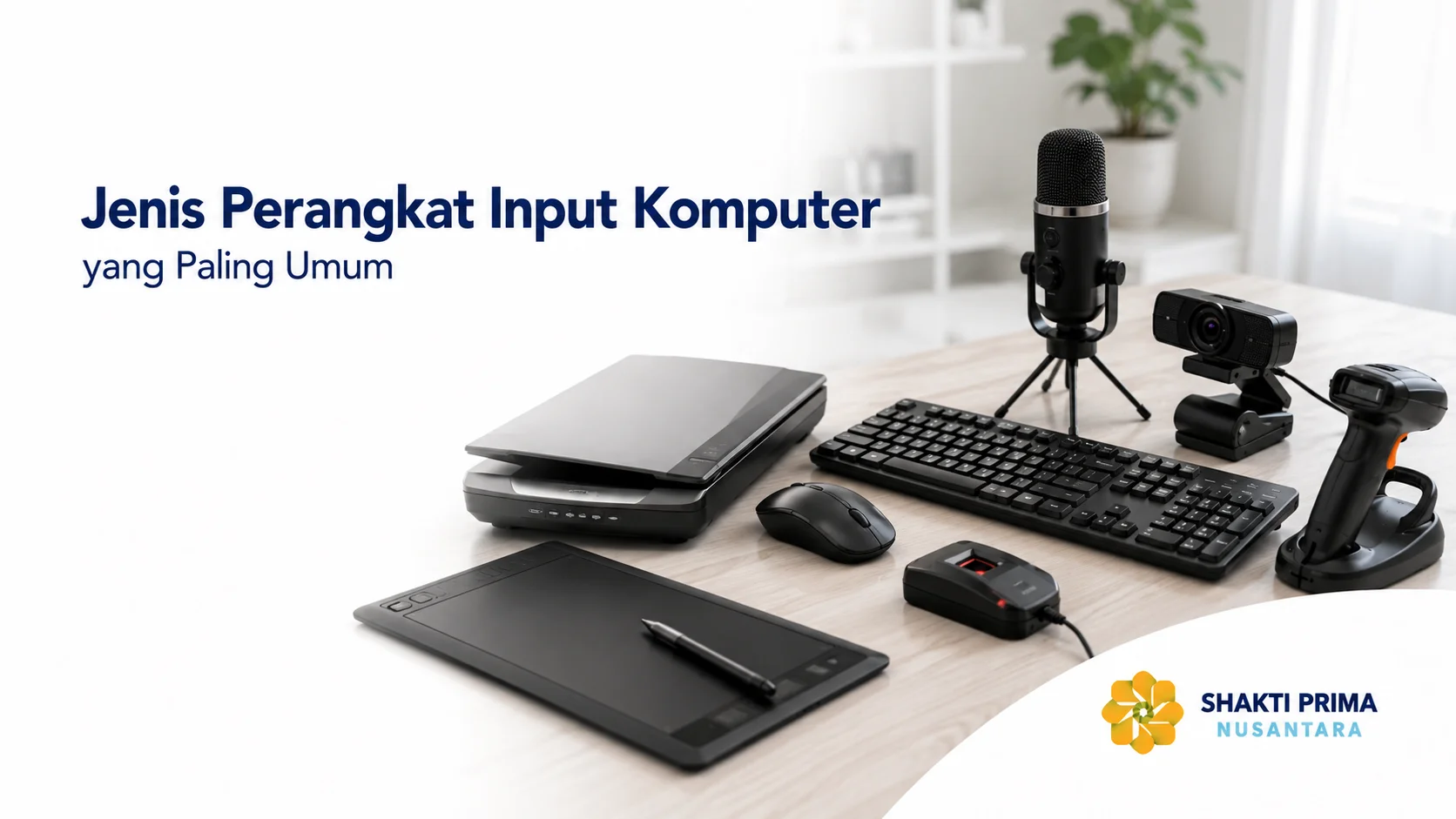 Berbagai perangkat input komputer seperti keyboard, mouse, scanner, webcam, mikrofon, barcode scanner, fingerprint scanner, dan graphic tablet di meja kerja modern.