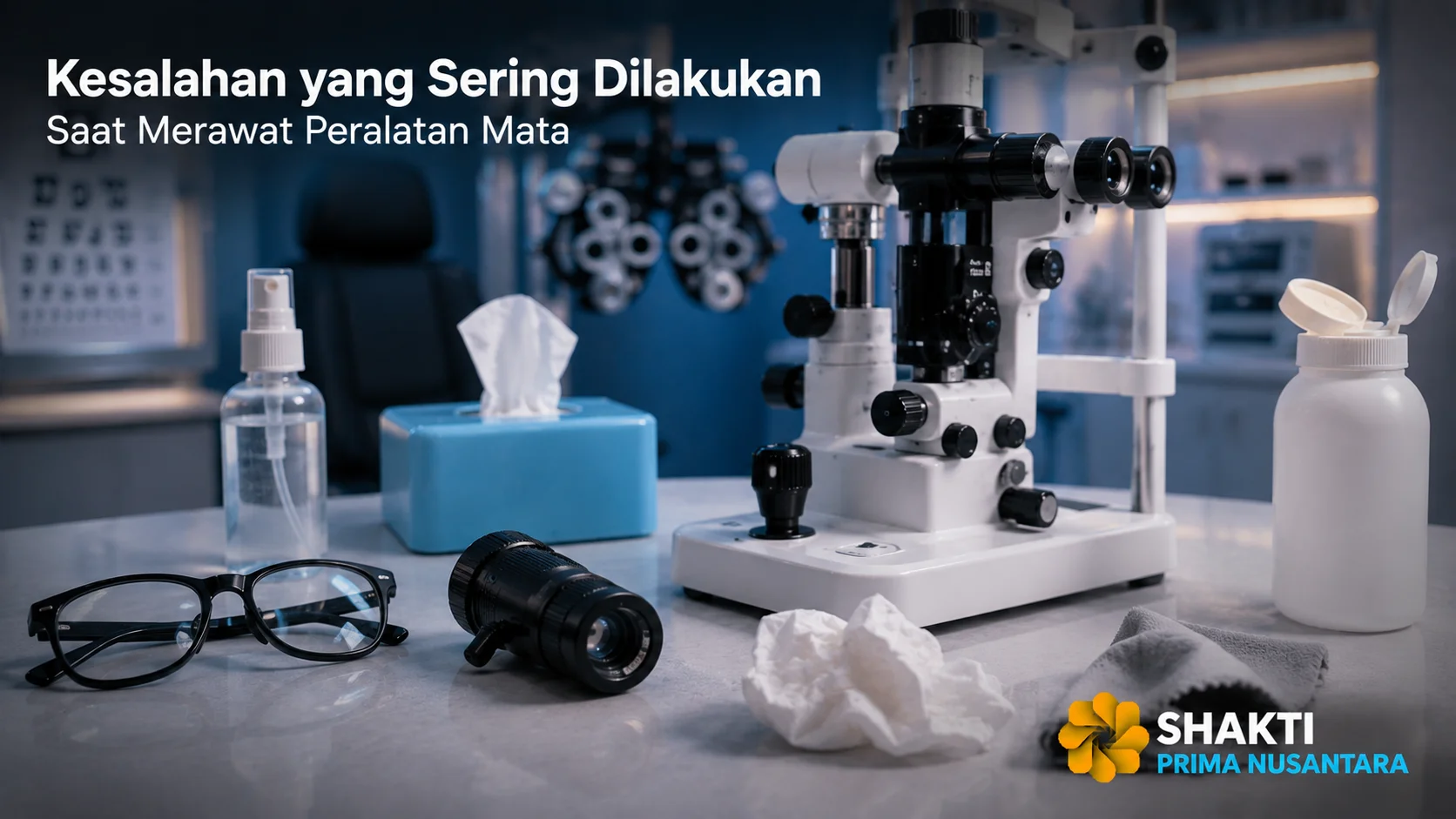 Peralatan pemeriksaan mata dan perlengkapan pembersih di ruang klinik sebagai ilustrasi kesalahan yang sering terjadi saat merawat alat.