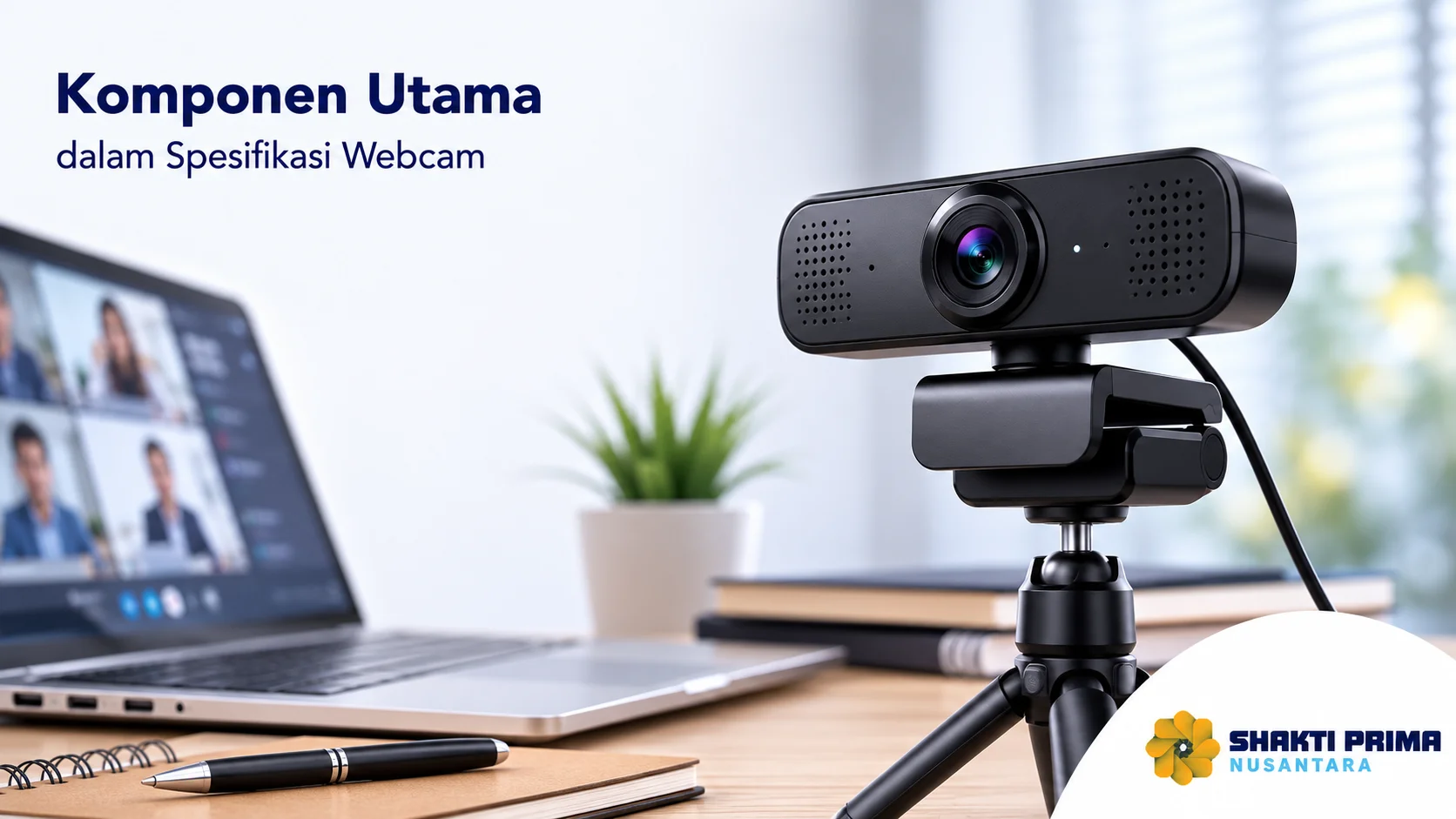 Webcam profesional dengan komponen utama berkualitas untuk mendukung konferensi video dan komunikasi digital yang optimal.