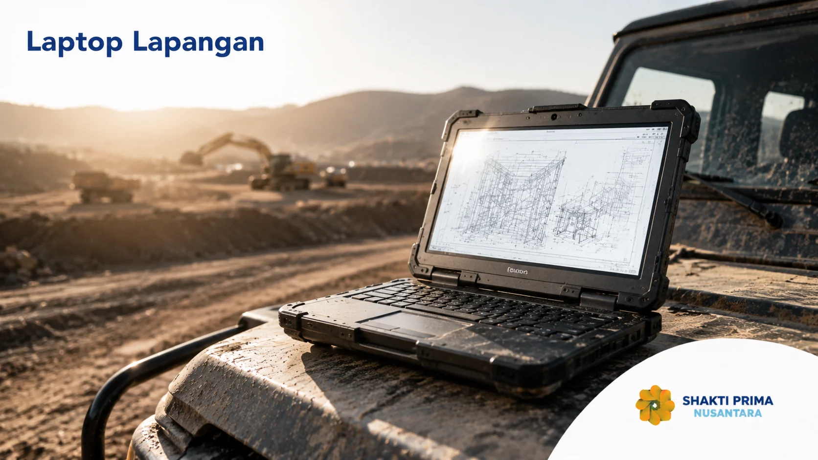 Laptop rugged untuk penggunaan lapangan dengan desain tangguh di lingkungan proyek konstruksi.