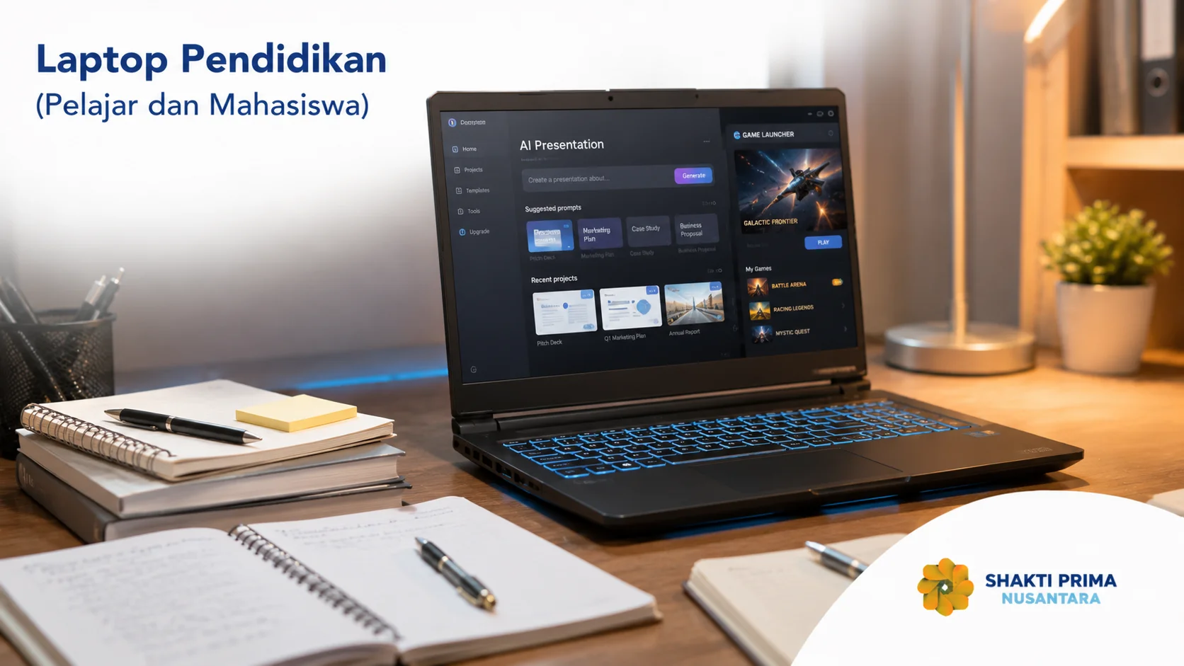 Laptop pendidikan untuk pelajar dan mahasiswa yang mendukung aktivitas belajar, riset, dan tugas akademik sehari-hari.