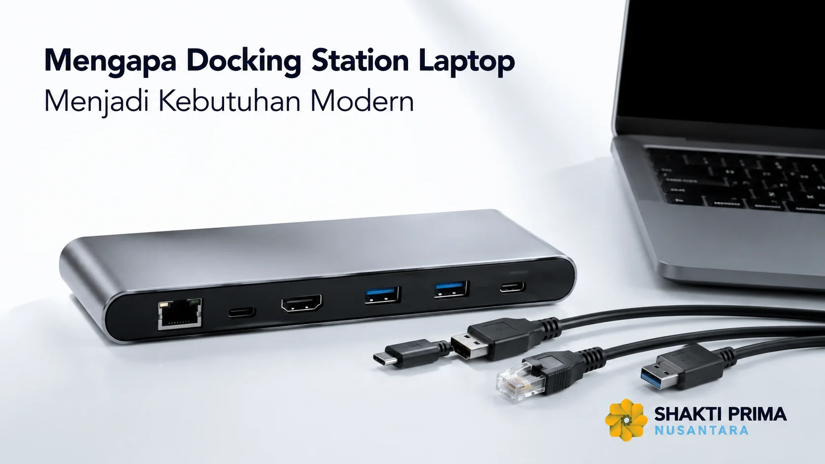 Docking station laptop modern dengan berbagai port konektivitas untuk mendukung produktivitas kerja di lingkungan bisnis dan perkantoran.