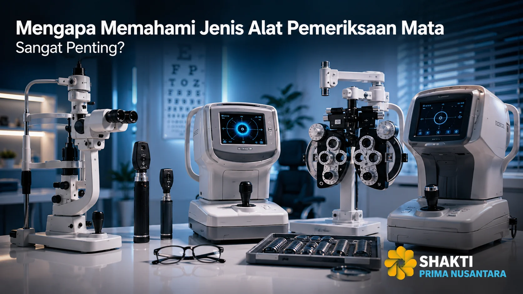 Berbagai alat pemeriksaan mata modern di ruang klinik sebagai ilustrasi pentingnya memahami fungsi dan jenis alat pemeriksaan mata.