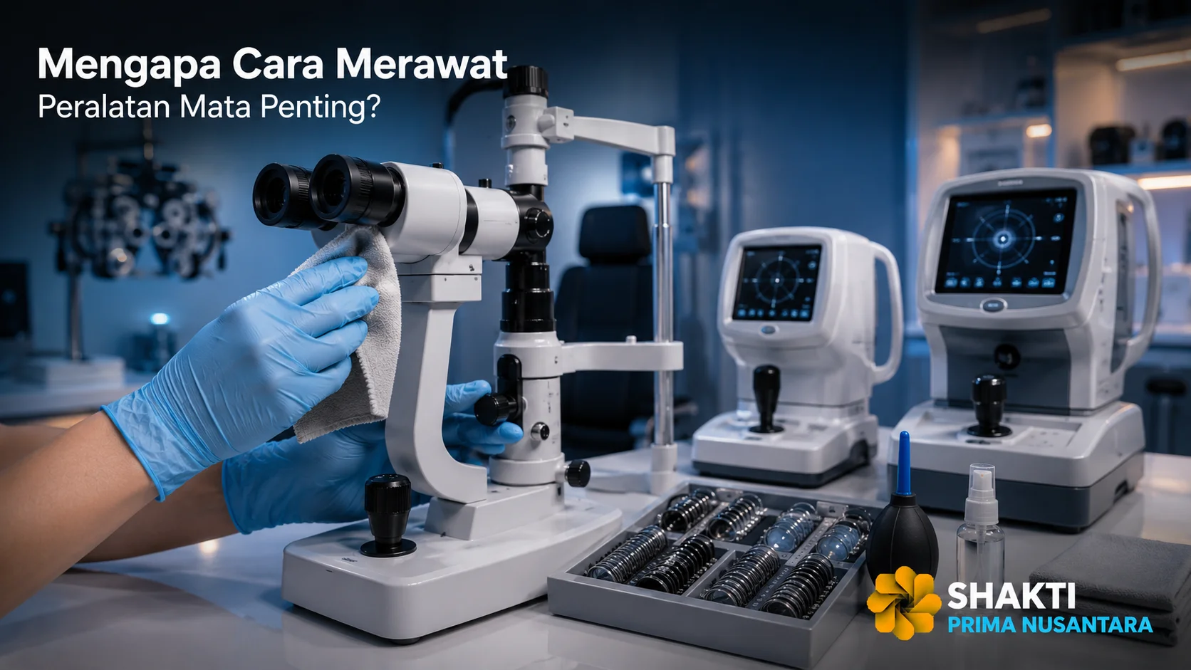 Peralatan pemeriksaan mata sedang dibersihkan di ruang klinik sebagai ilustrasi pentingnya perawatan alat agar tetap akurat dan awet.