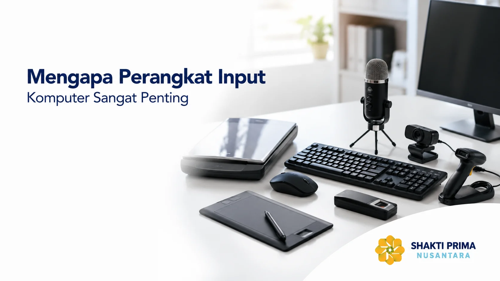 Beragam perangkat input komputer seperti keyboard, mouse, scanner, webcam, mikrofon, dan graphic tablet tersusun di meja kerja modern.