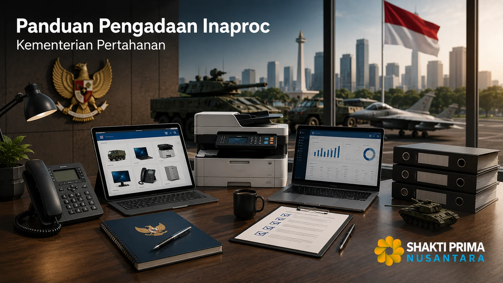 Ruang kerja modern dengan perangkat administrasi untuk mendukung pengadaan Inaproc Kementerian Pertahanan.